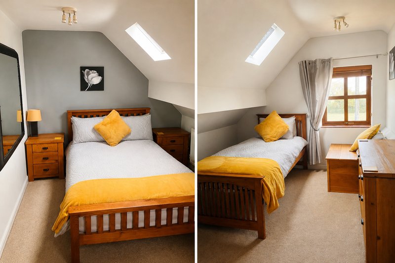 Two side-by-side views of a twin bedroom with double bed and single bed, yellow bedding, and skylights