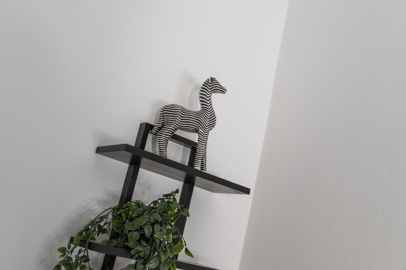 Wall-mounted black decorative shelf with camel figurine and trailing green plant