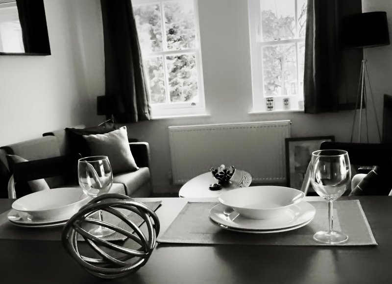Monochrome dining table set with plates, glasses, and table decor near windows