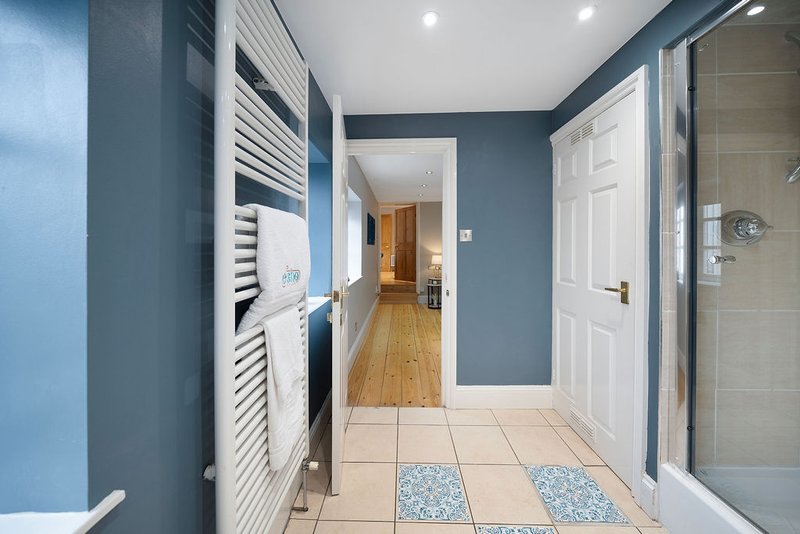 Bathroom with blue walls, white doors, towel radiator, and tiled floor with bath mats