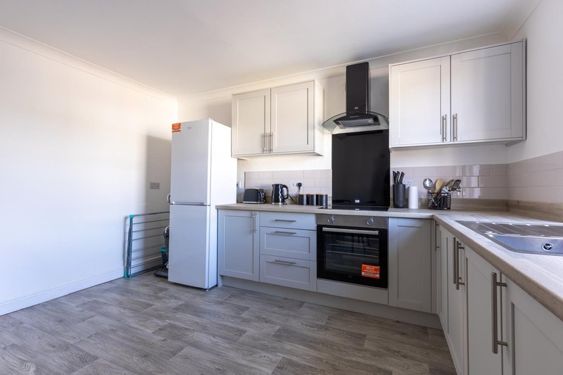 Modern kitchen with white cabinetry, black cooker hood, stainless steel appliances and wooden flooring