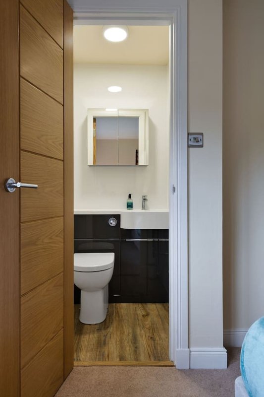 Modern bathroom with toilet, black vanity, mirror and recessed ceiling lights