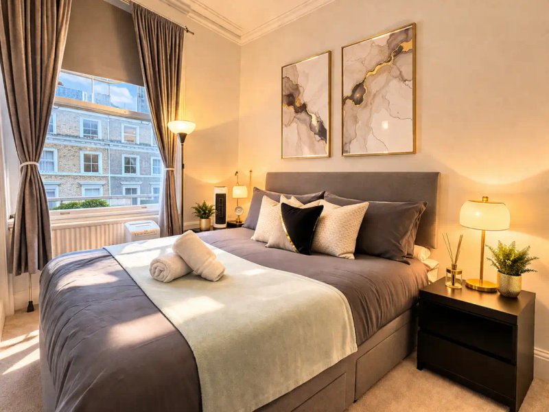 Bright bedroom with double bed, grey bedding, two framed artworks, window with curtains and city view