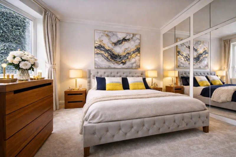 Bright modern bedroom with upholstered bed, mirrored wardrobe, wooden dresser and artwork