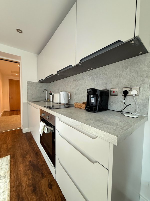 Modern galley kitchen with white cabinetry, grey countertop, built-in appliances and kettle
