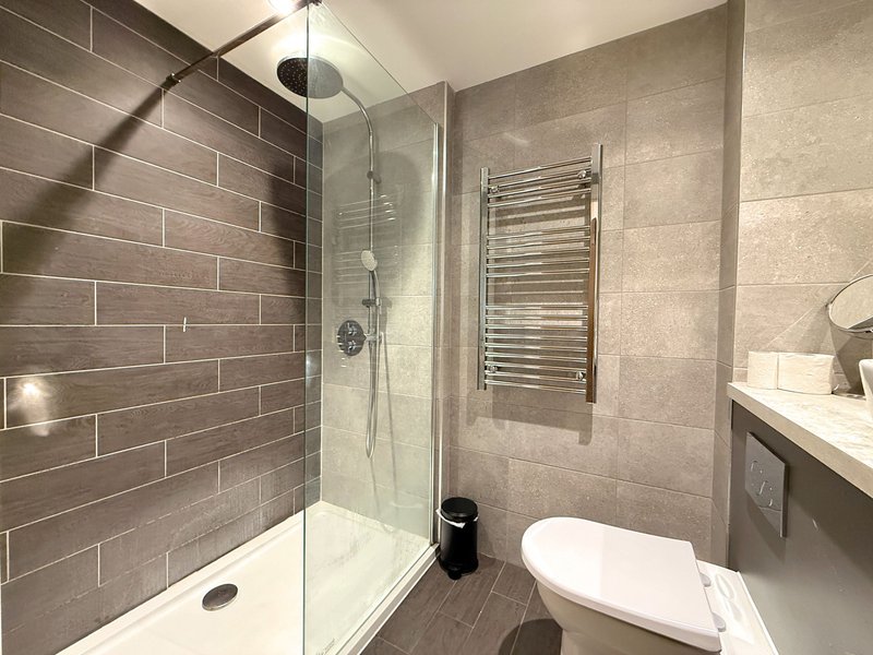 Modern bathroom with walk-in shower, heated towel rail, toilet and vanity sink