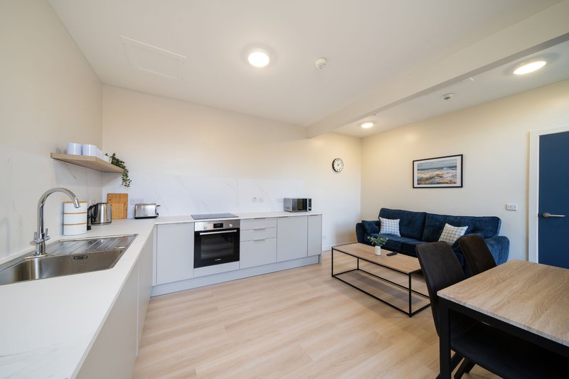 Open-plan kitchen and living area with white cabinetry, blue sofa, wooden dining table and flooring