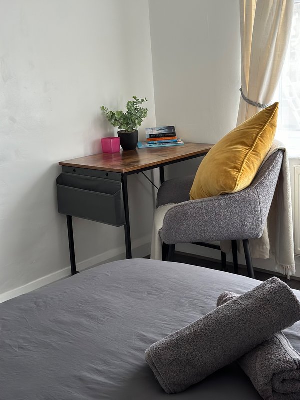 Bedroom corner with desk, chair, potted plant, books, and bed with rolled blanket