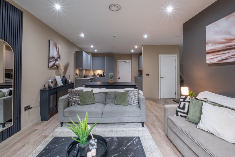 Open-plan studio with grey sofa, bed, kitchenette, recessed lighting and modern furnishings