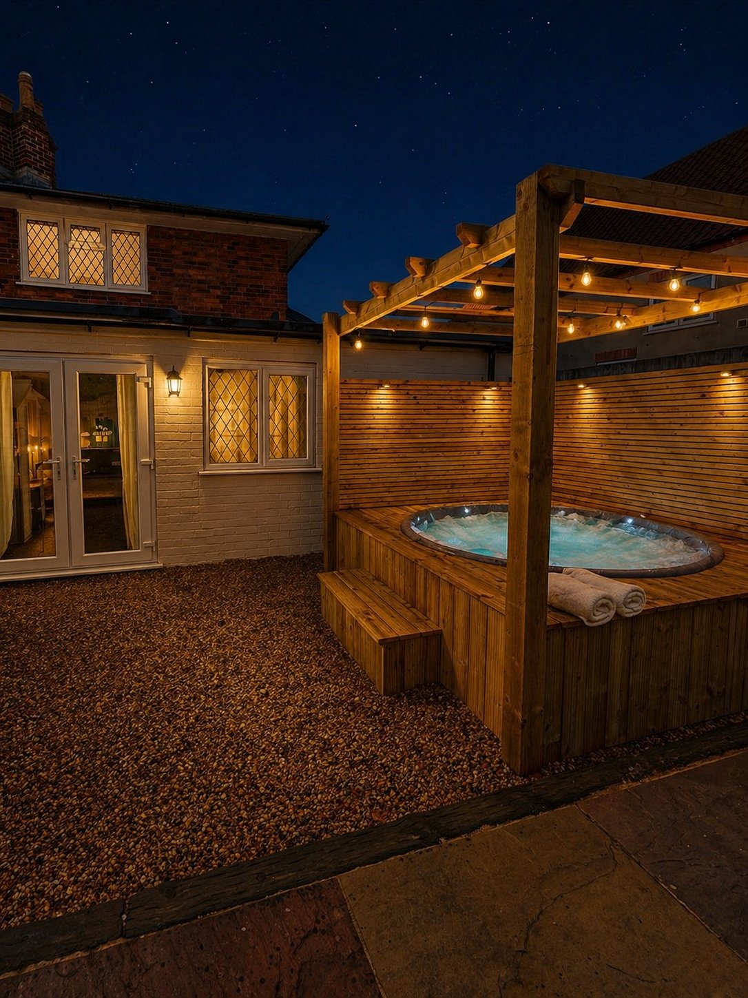 Backyard patio at night with wooden hot tub, pergola, house, and ambient lighting