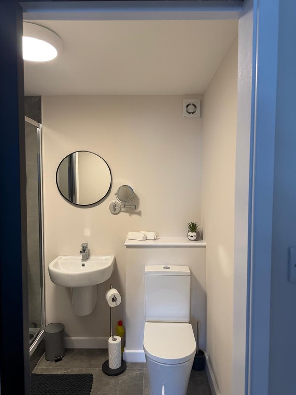 Compact bathroom with toilet, wall-mounted sink, round mirror and shower enclosure ensuite to room 5