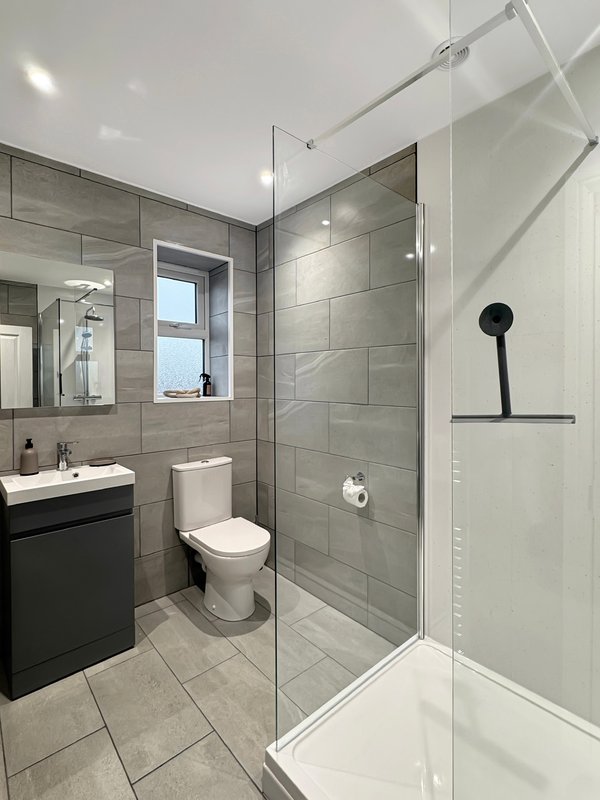 Modern bathroom with walk-in shower, toilet, vanity sink and large mirror