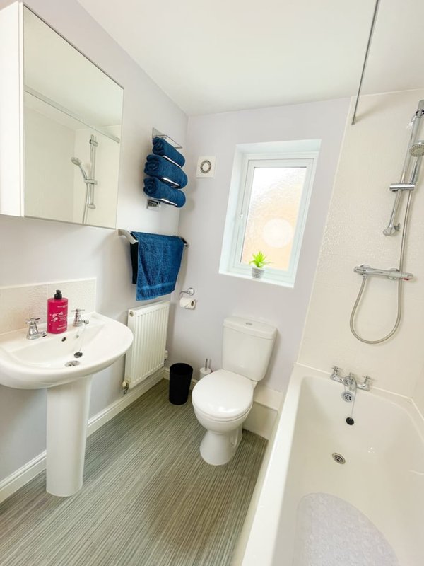 Bright bathroom with pedestal sink, toilet, shower cubicle, towel rail and window