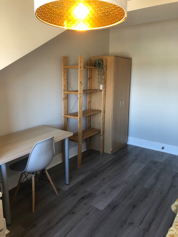 Bright bedroom workspace with wooden shelving unit, desk, chair and ceiling lamp