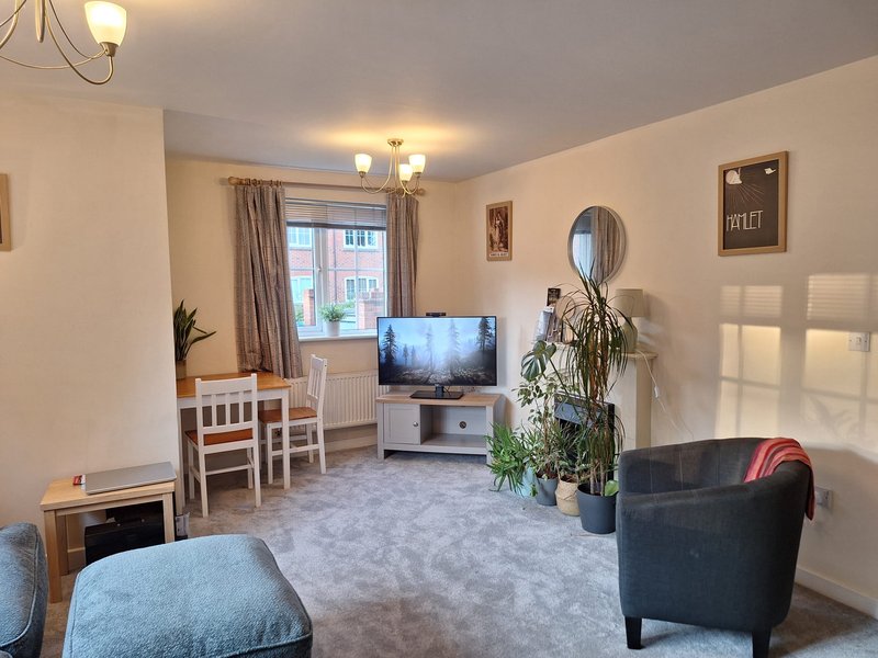 Bright living room with sofa, armchair, TV, dining table and large window with curtains