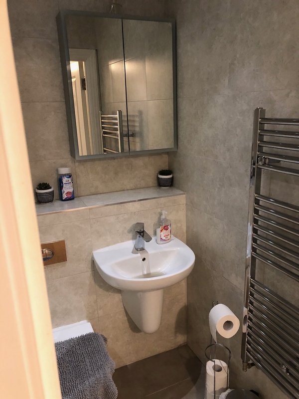 Bathroom with pedestal sink, mirrored cabinet, heated towel rail and toilet