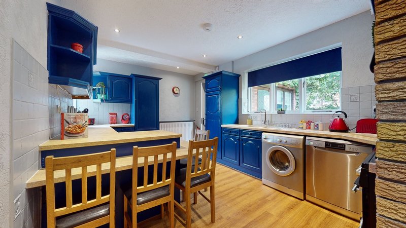 Modern kitchen with blue cabinetry, wooden dining table, washing machine and stainless steel appliances
