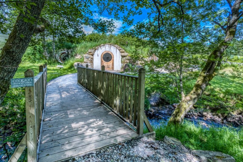 Wooden bridge over stream leading to glamping pod surrounded by trees and greenery