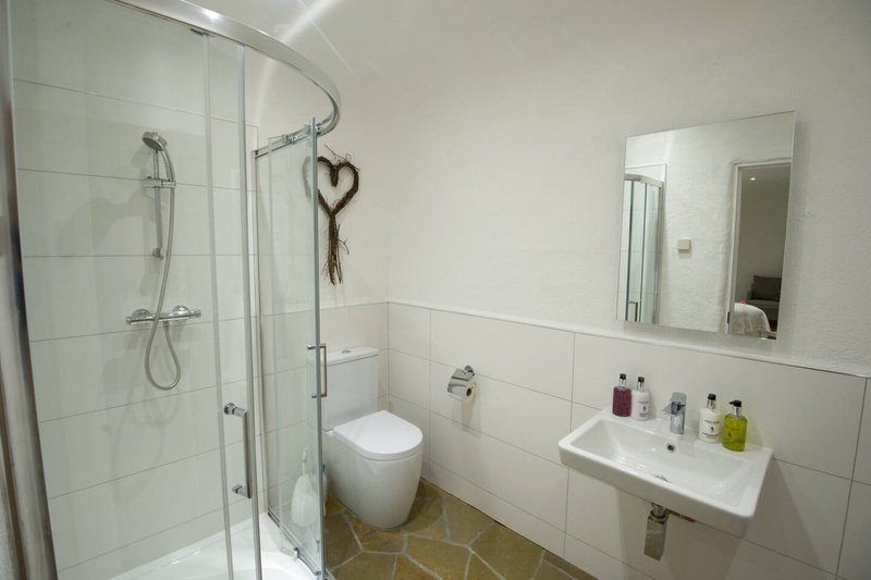 Modern bathroom with walk-in shower, toilet, sink, mirror and toiletries on shelf