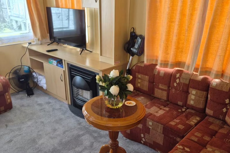 Living room with red patterned sofa, wooden side table with flowers, TV on stand, and orange curtains