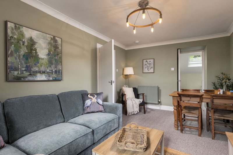 Spacious living room with grey sofa, wooden furniture, framed artwork and ceiling light fixture