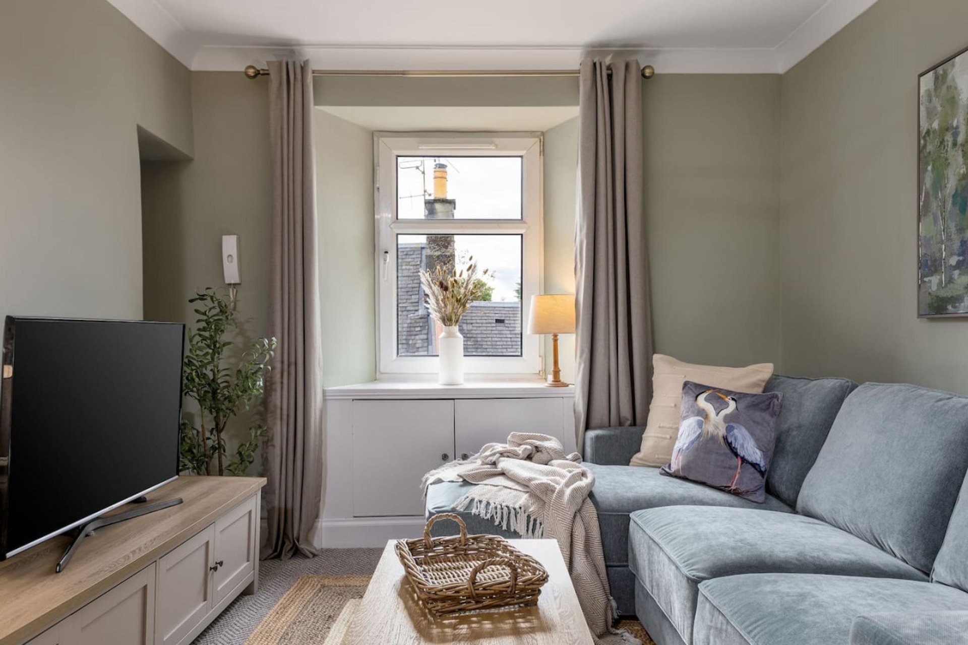 Bright living room with grey sofa, TV, window with curtains and cushions