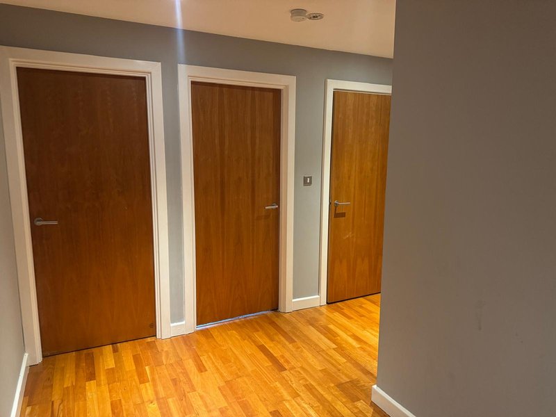 Hallway with three wooden doors, wooden floor and grey walls