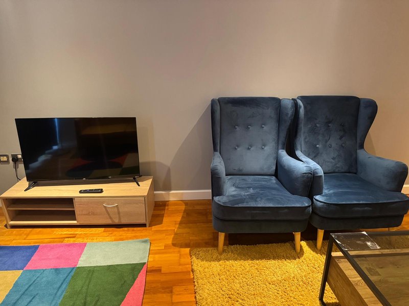 Living room with TV on wooden stand, two blue armchairs, colorful area rug