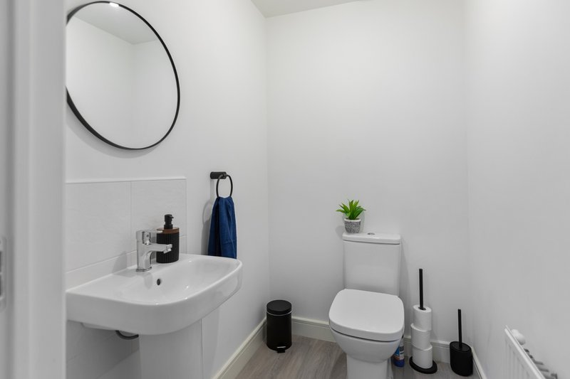 Clean modern bathroom with white sink, round mirror, toilet and small potted plant
