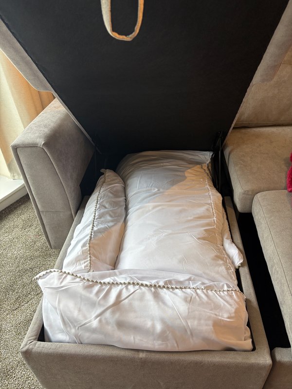 Single bed with white bedding and pillows in neutral bedroom with carpeted floor