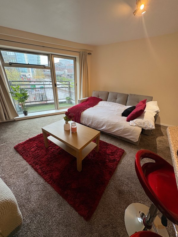 Modern studio bedroom with sofa bed, coffee table, large windows overlooking city, red rug