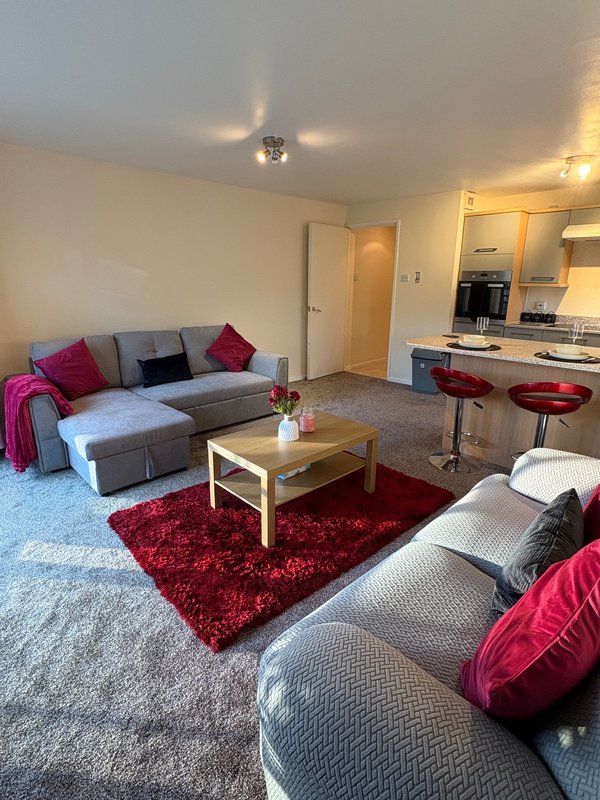 Open-plan living room with grey sofa, red rug, wooden coffee table, and integrated kitchen area