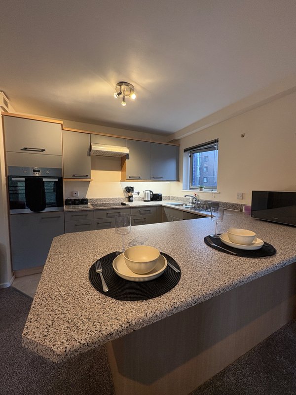 Modern kitchen with grey cabinetry, granite island, and stainless steel appliances