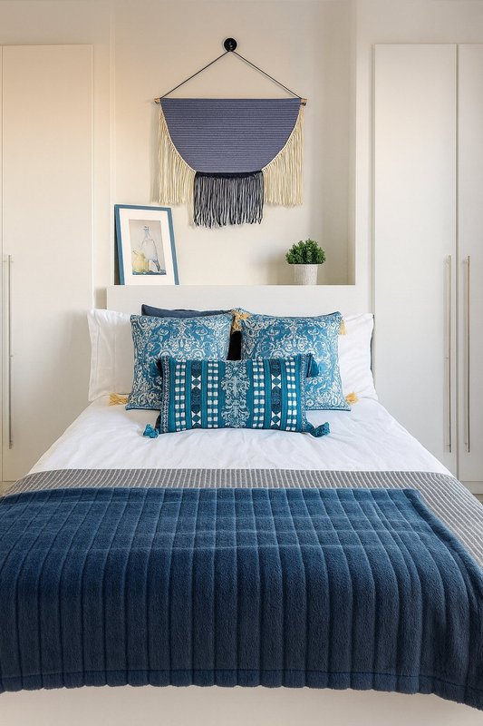 Bedroom with double bed, blue bedding, decorative wall hanging and framed artwork