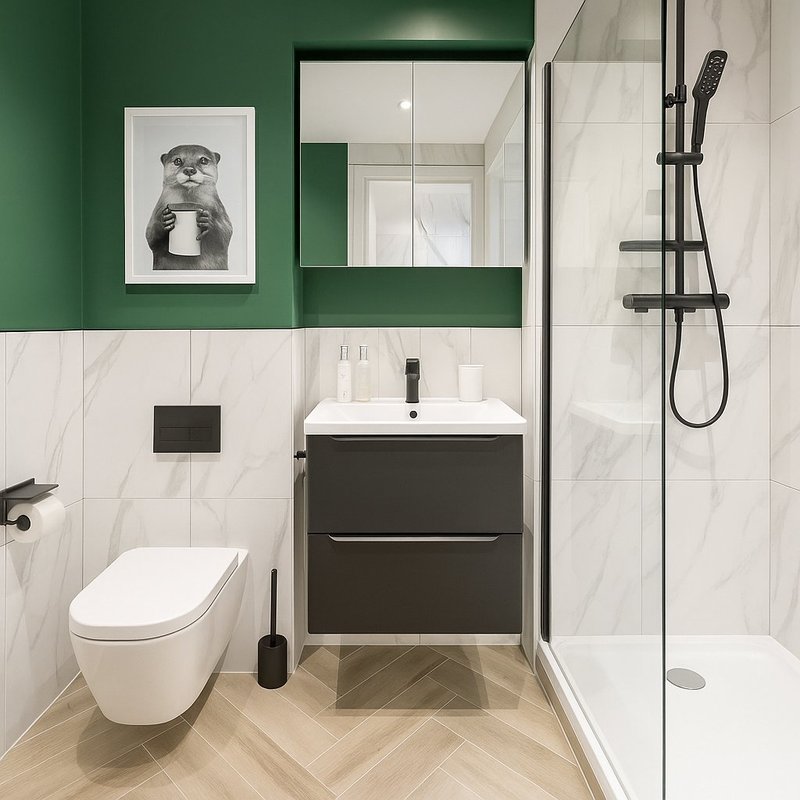 Modern bathroom with white toilet, black vanity, green wall, framed artwork, and shower enclosure