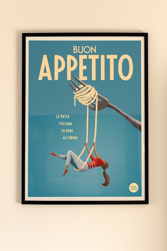 Framed vintage Italian pasta poster on cream wall with 'Buon Appetito' text