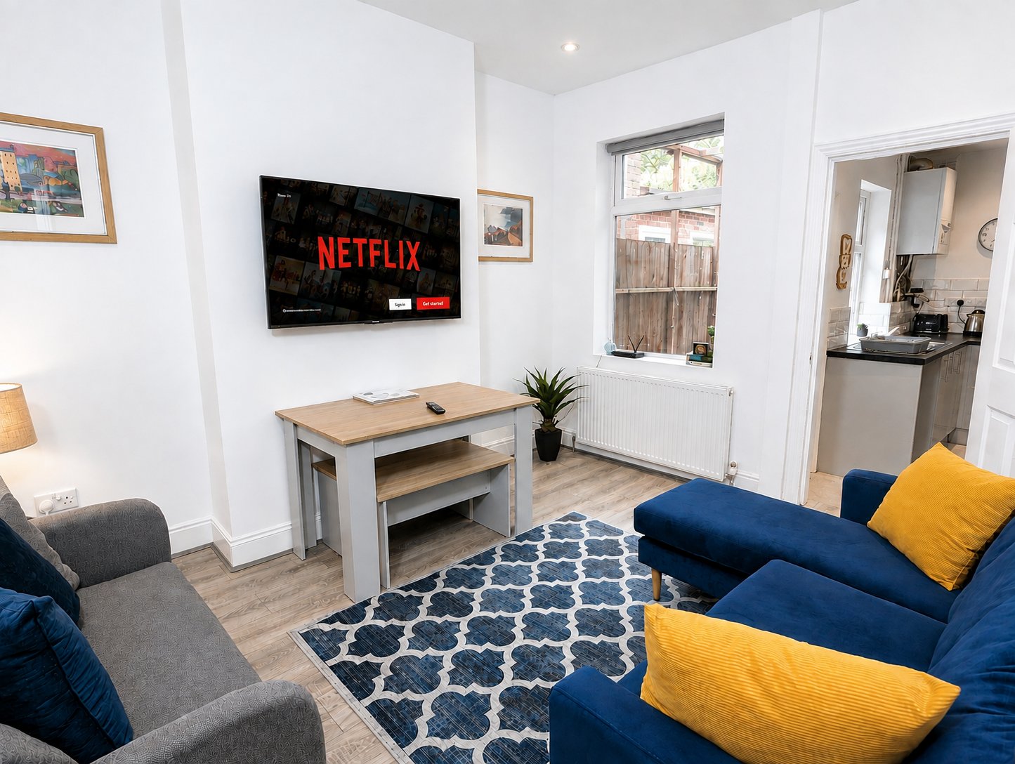 A comfortable, modern living room providing a great place to relax. With comfortable seating, a Smart TV with Netflix and a bright, welcoming feel.