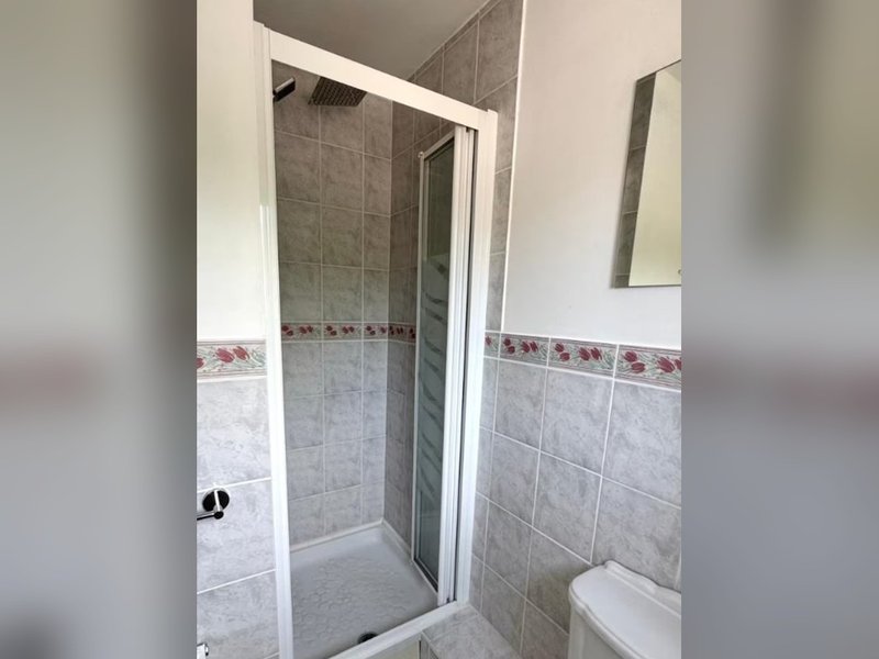 Modern bathroom with walk-in shower, gray tile, white trim and toilet