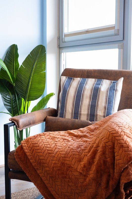 Bedroom corner with brown upholstered bed, striped pillow, orange throw blanket, potted plant and window.