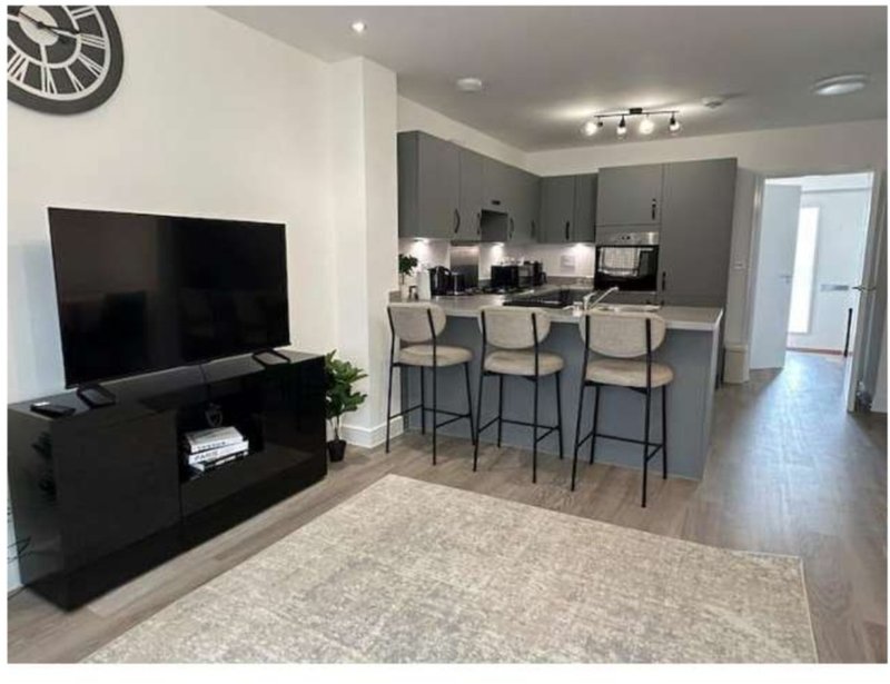 Open-plan living and kitchen area with TV, bar seating, and modern appliances