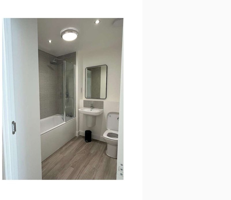 Modern bathroom with shower enclosure, toilet, sink, mirror and wooden flooring