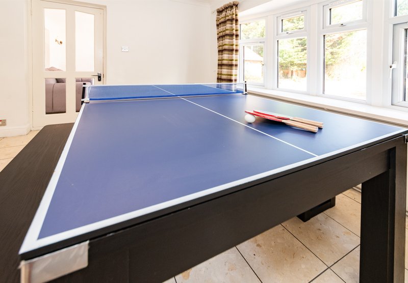 Games room with blue ping pong table, wooden flooring, large windows and cream walls