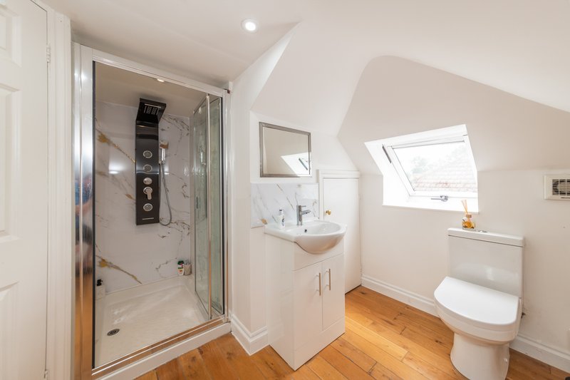 Modern bathroom with walk-in shower, white vanity, toilet, wooden floor and skylight