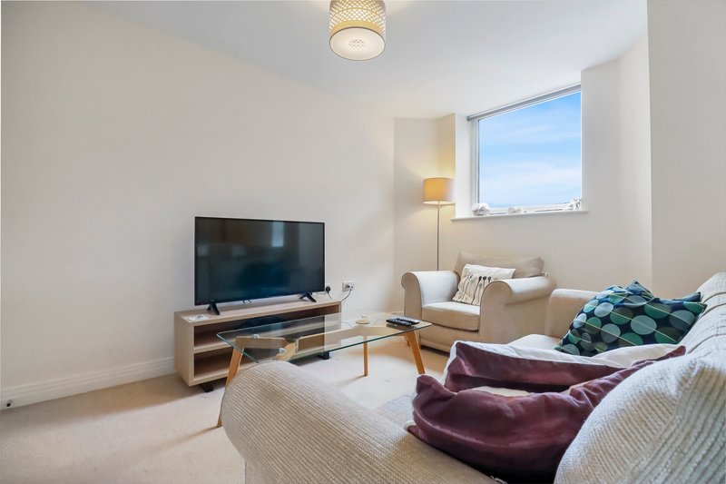 Modern living room with TV, armchair, sofa, cushions and large window with daylight