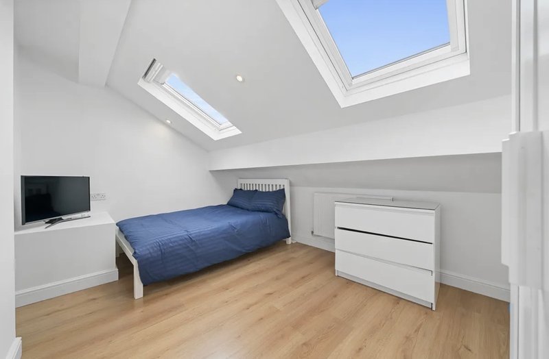Bright attic bedroom with single bed, wooden floor, skylight and TV mount