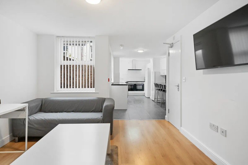 Modern open-plan living area with grey sofa, wooden flooring, kitchen visible in background