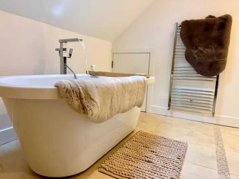 Modern bathroom with freestanding white bathtub, towel rail, and heated radiator