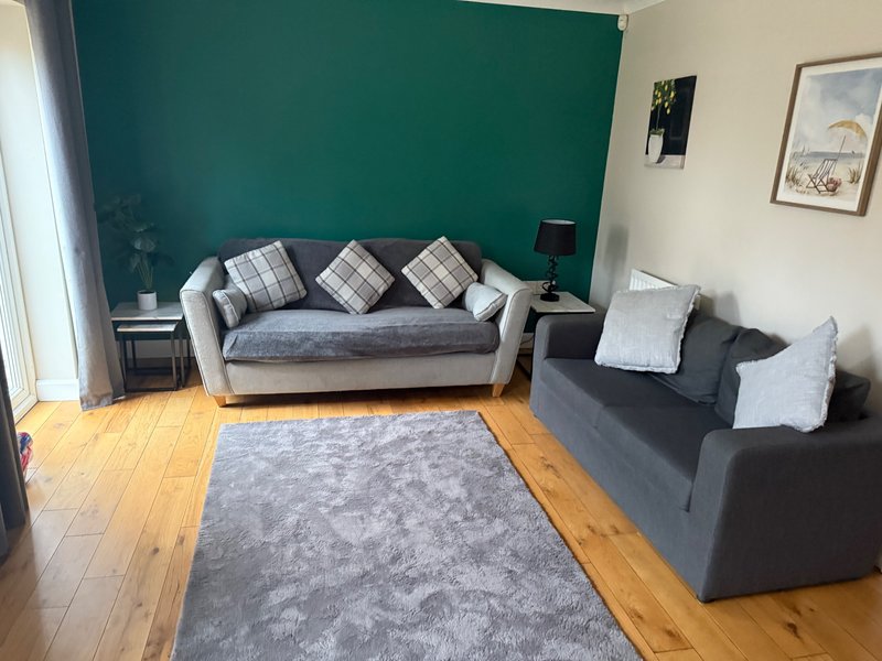 Living room with grey sofas, patterned cushions, wooden floor and teal accent wall