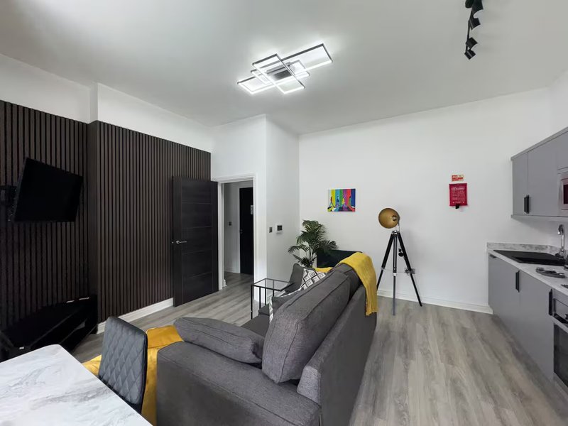 Open-plan studio with grey sofa, kitchenette, bed, and modern furnishings
