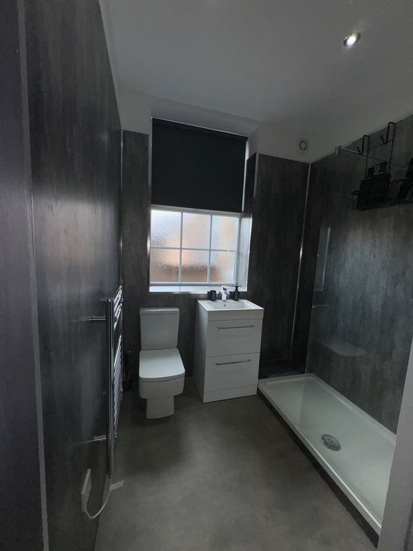 Modern bathroom with toilet, white vanity, walk-in shower and window